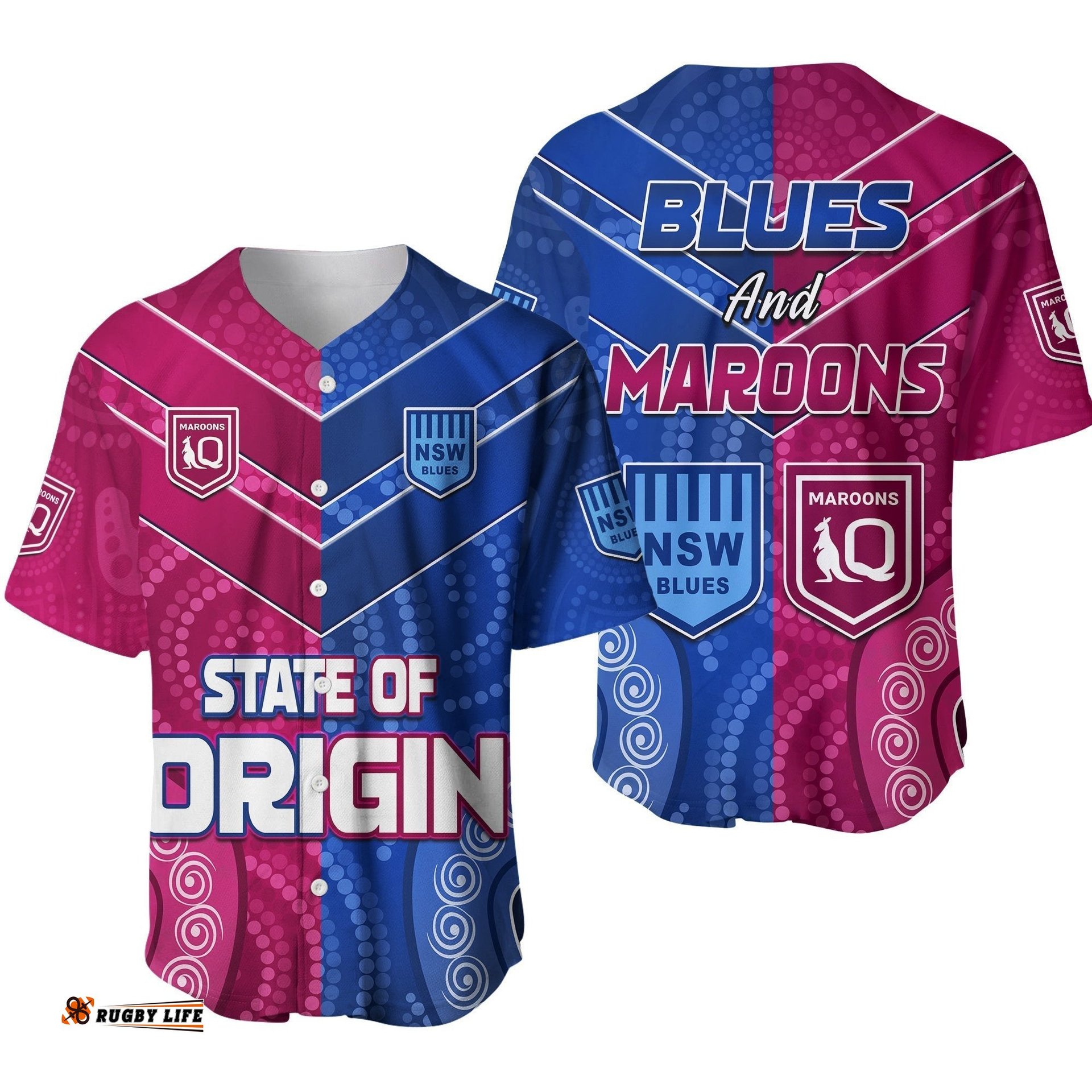 Blues and Maroons Rugby Baseball Jersey Shirt Origin NSW Combine Queensland Aboriginal Australian Ver.01