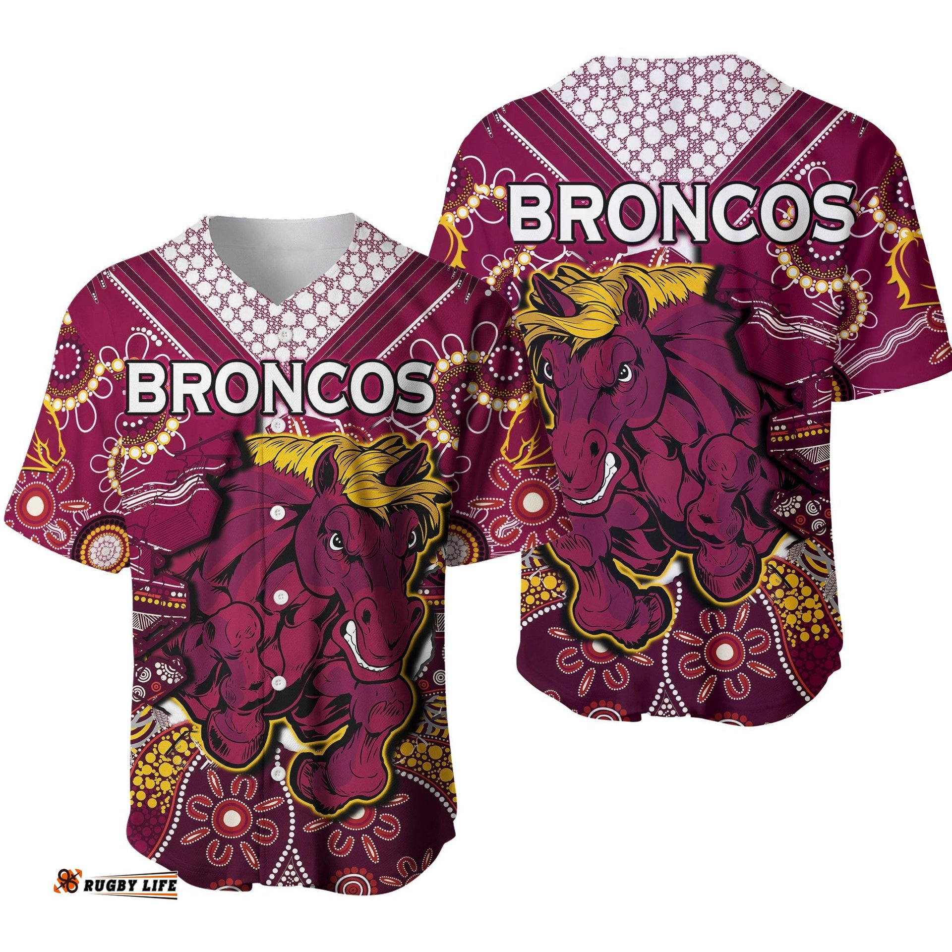 Broncos Rugby Baseball Jersey Shirt Indigenous Pattern Artsy Ver.01