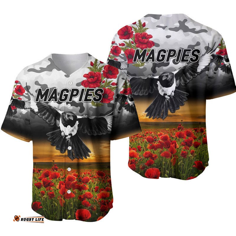 Collingwood Magpies ANZAC Baseball Jersey Shirt Poppy Vibes