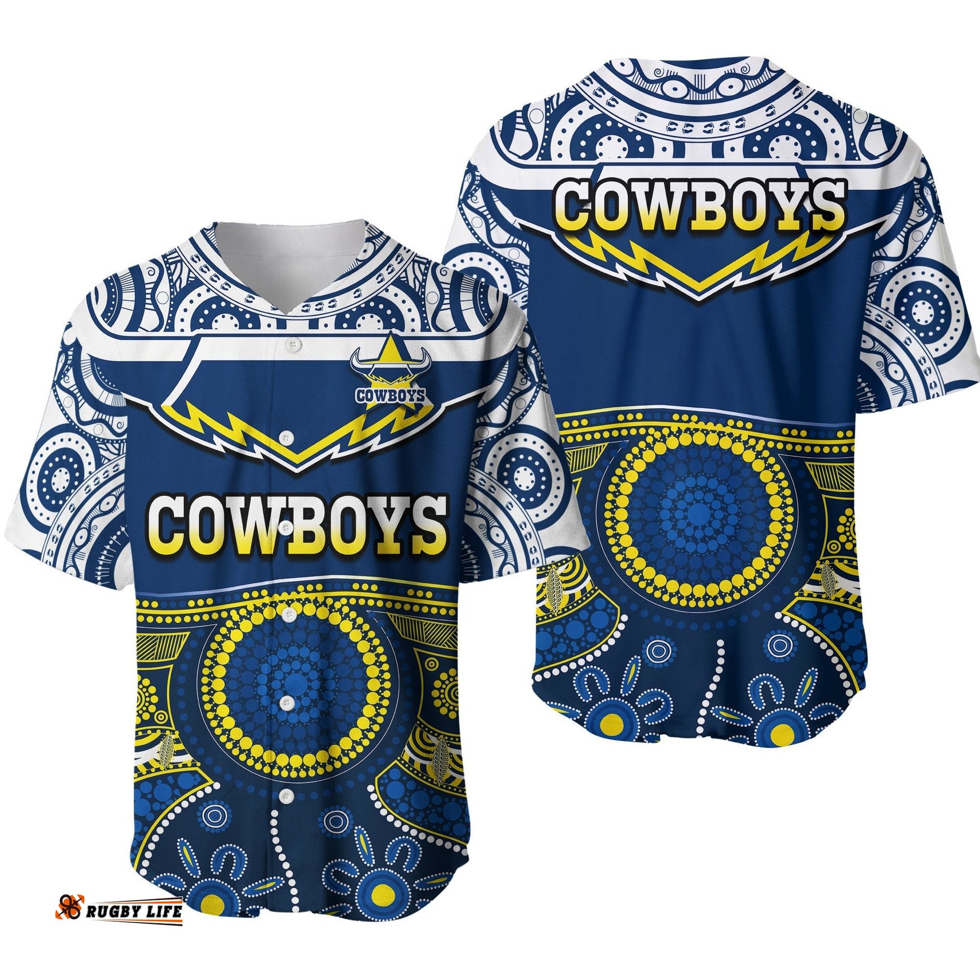 Cowboys Rugby Baseball Jersey Shirt Aboriginal Art Ver.01