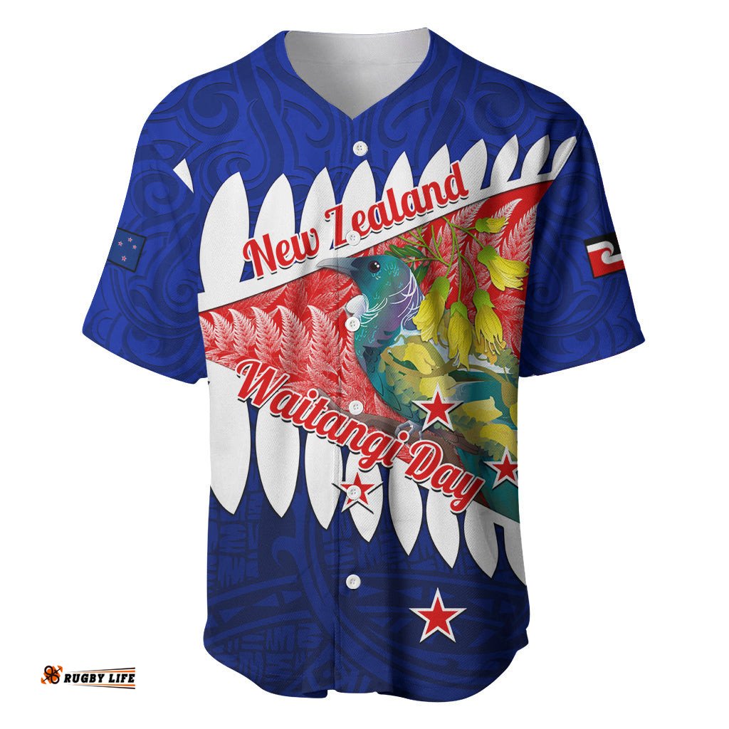 New Zealand Waitangi Day Baseball Jersey Shirt NZ Maori Tui Bird With Kowhai Flowers
