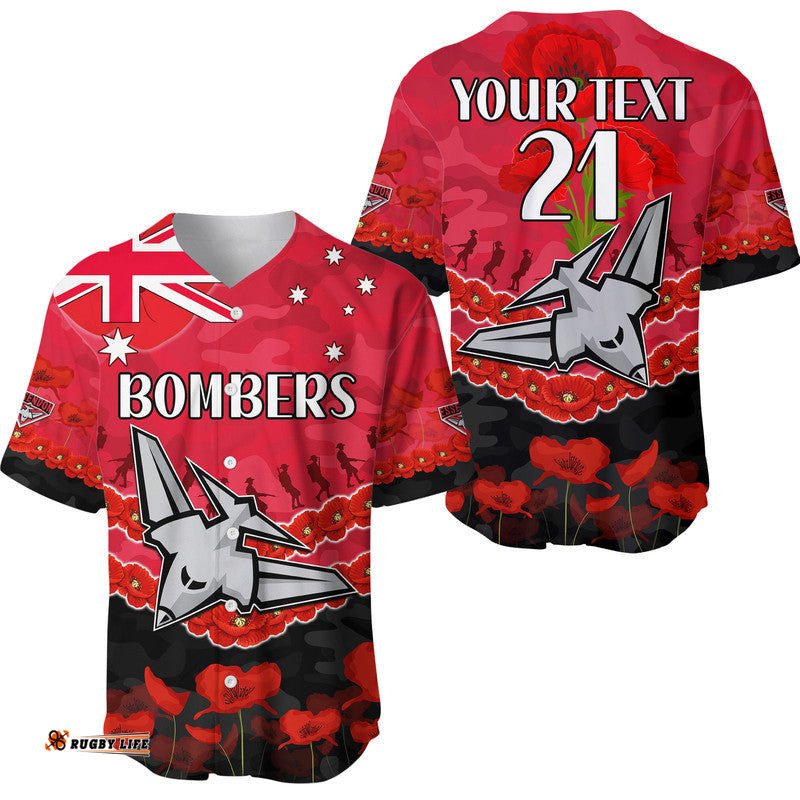 Custom Personalised Bombers Football ANZAC Baseball Jersey Shirt Lest We Forget