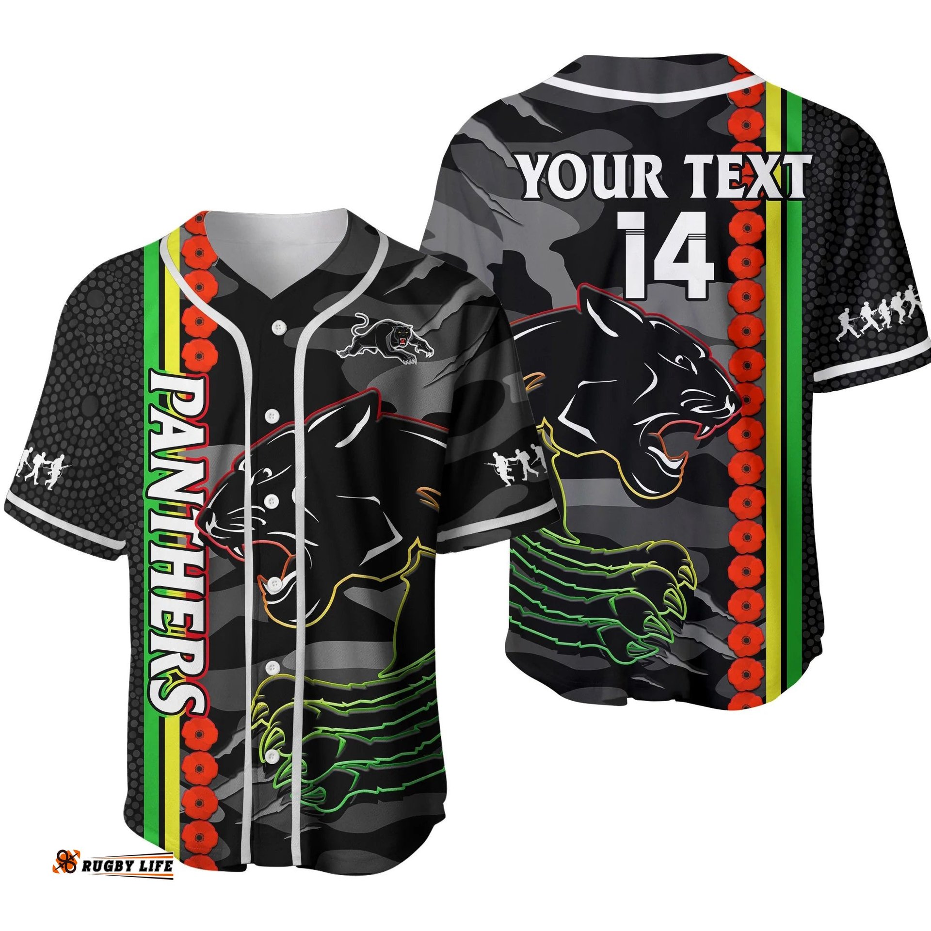 Custom Text And Number Panthers Rugby ANZAC Baseball Jersey Shirt Aboriginal Mix Poppy Camouflage Black Ver.02