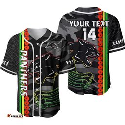 Custom Text And Number Panthers Rugby ANZAC Baseball Jersey Shirt Aboriginal Mix Poppy Camouflage Black Ver.02