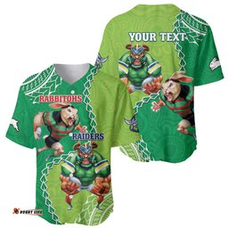 Personalised Rabbitohs And Raiders Rugby Baseball Jersey Shirt Aboriginal Mix Polynesian Pattern