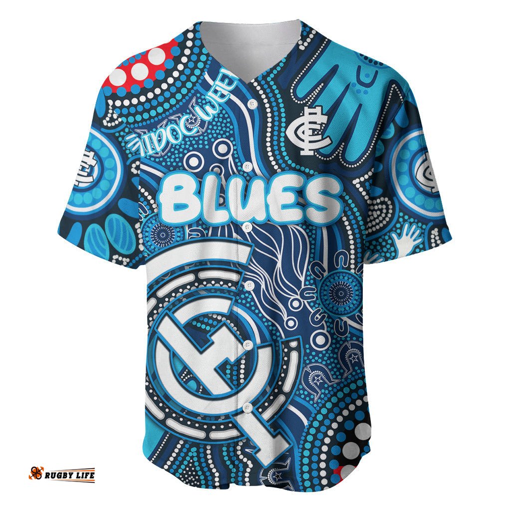 Personalised NAIDOC Week 2024 Carlton Blues Baseball Jersey Shirt Australian Aboriginal Hand Painting