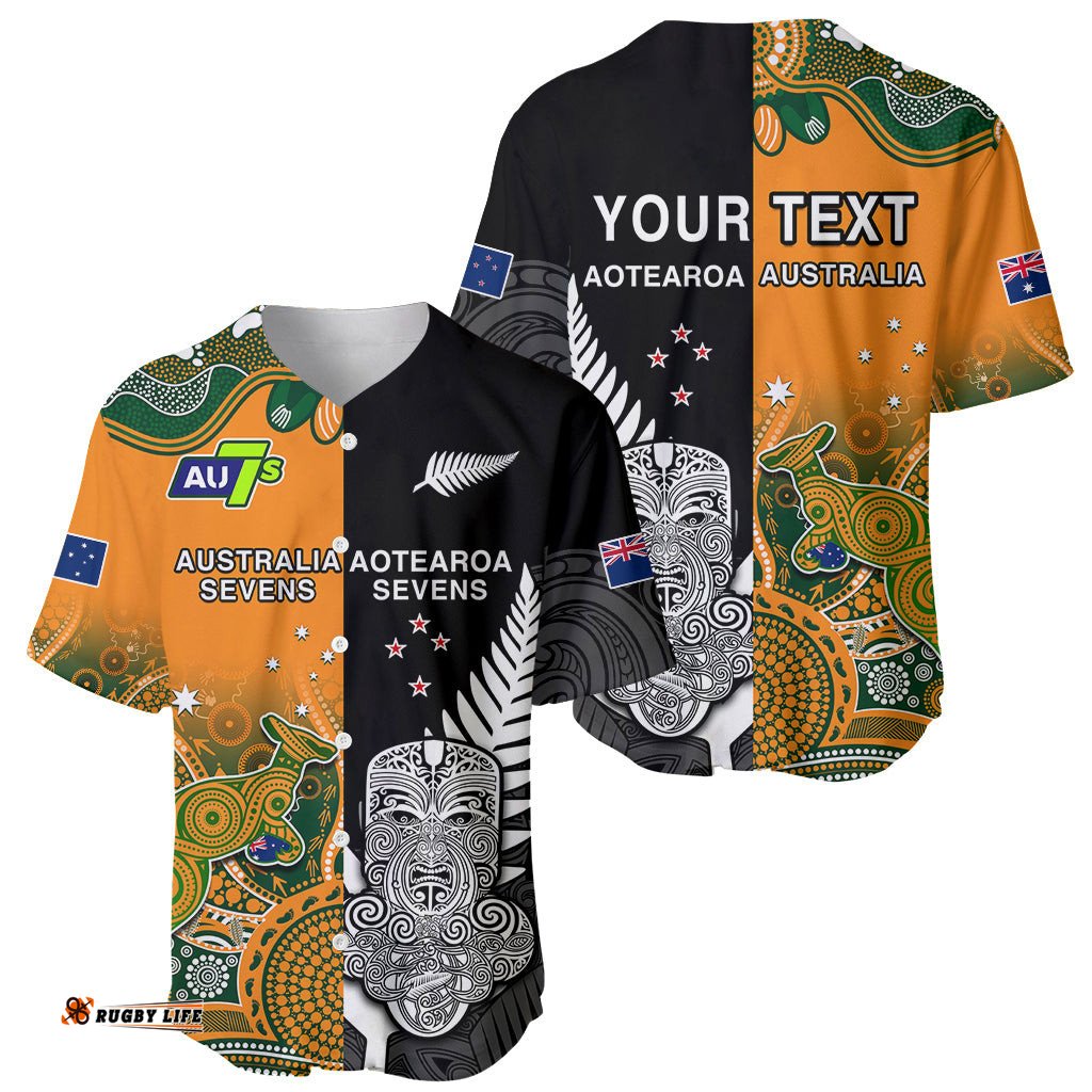 Custom Personalised Aussie and Aotearoa Rugby 7s Kangaroos Mix Tiki Fern Baseball Jersey Shirt