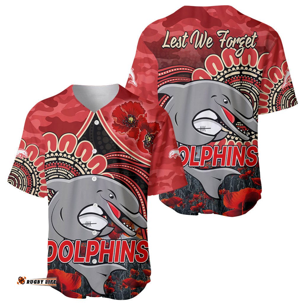 NRL ANZAC Redcliffe Dolphins Poppy Flowers Baseball Jersey Shirt