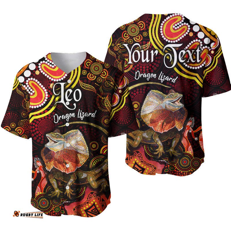 Custom Personalised Australian Astrology Baseball Jersey Shirt Leo Dragon Lizard Zodiac Aboriginal Vibes Red