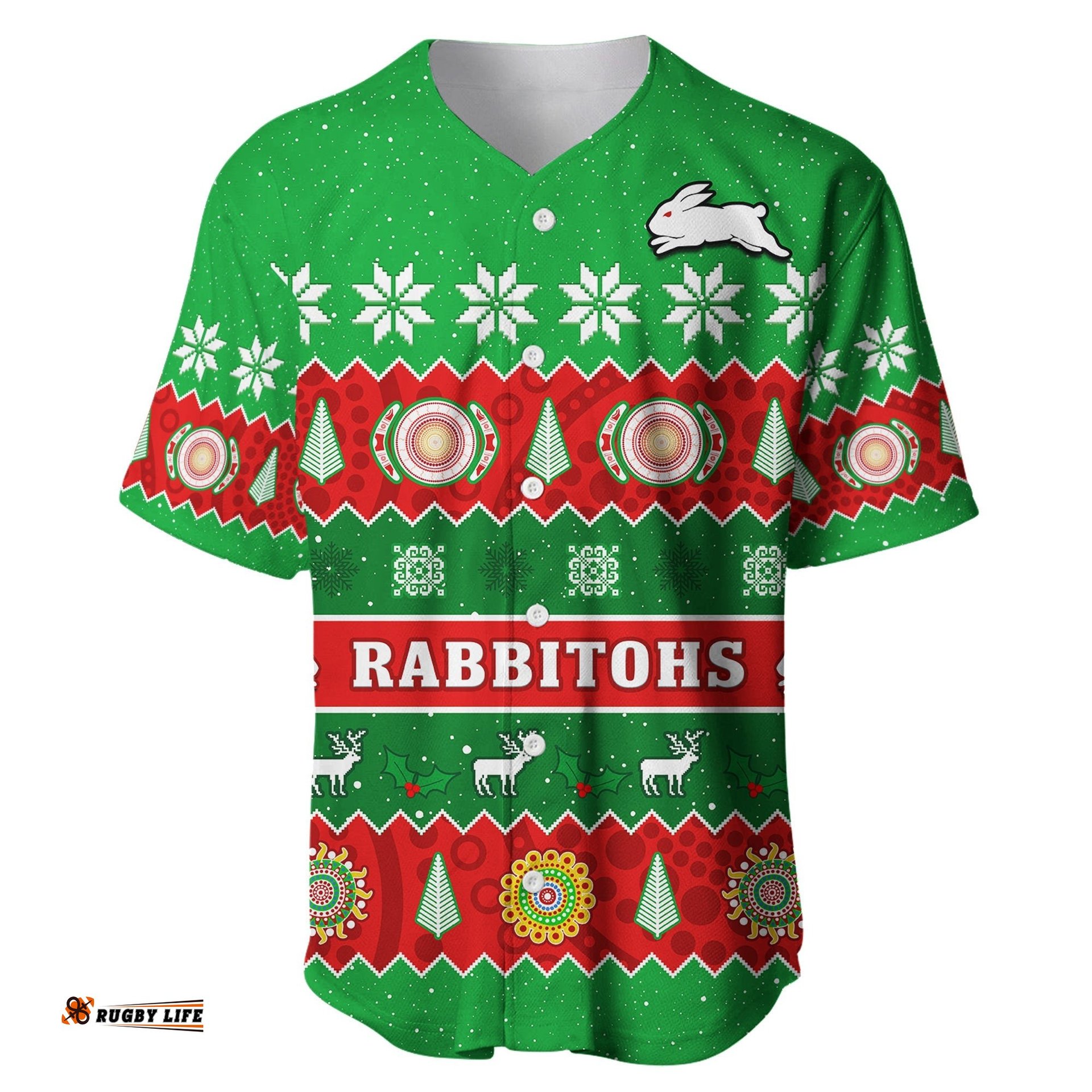 Rabbitohs Christmas Baseball Jersey Shirt Souths Aboriginal Art Merry Xmas