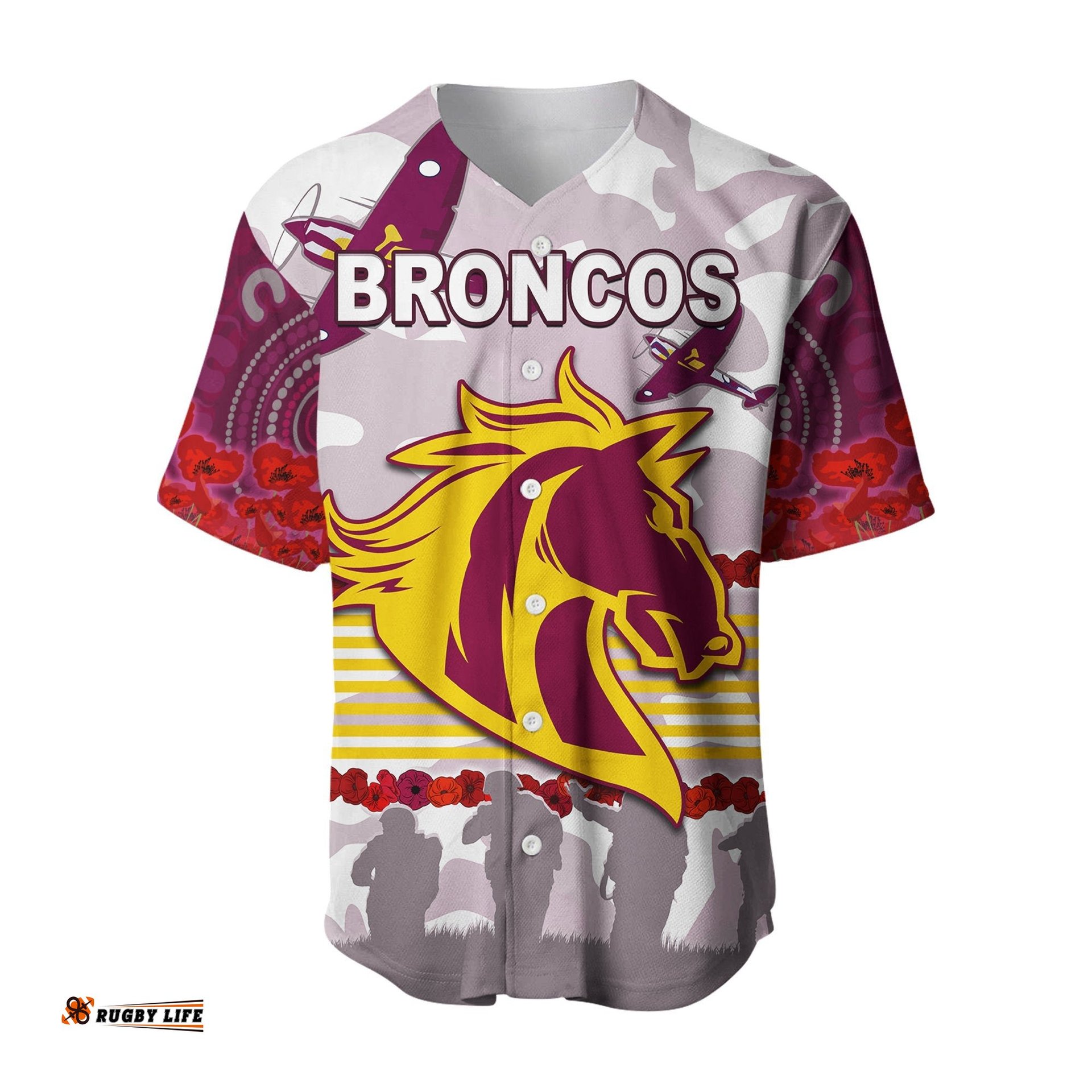 Broncos Anzac Day Baseball Jersey Shirt Aboriginal Lest We Forget Ver.02