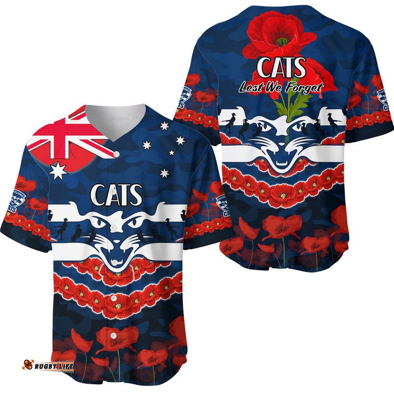 Cats Football ANZAC Baseball Jersey Shirt Lest We Forget