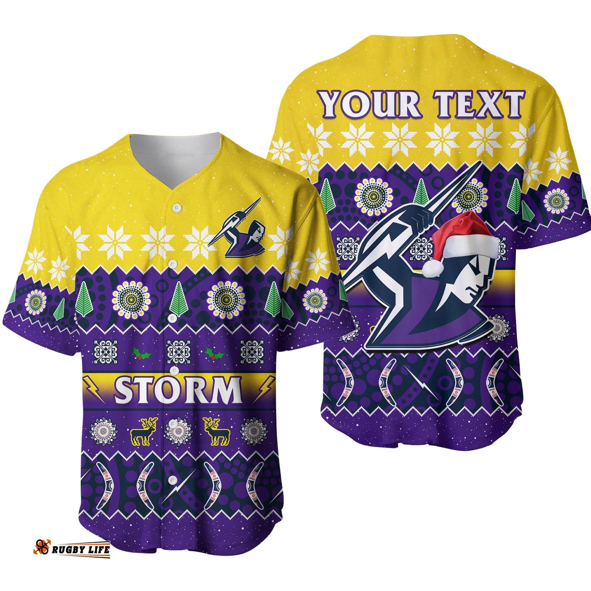 Custom Personalised Melbourne Storm Christmas Baseball Jersey Shirt Aboriginal Art Merry Xmas