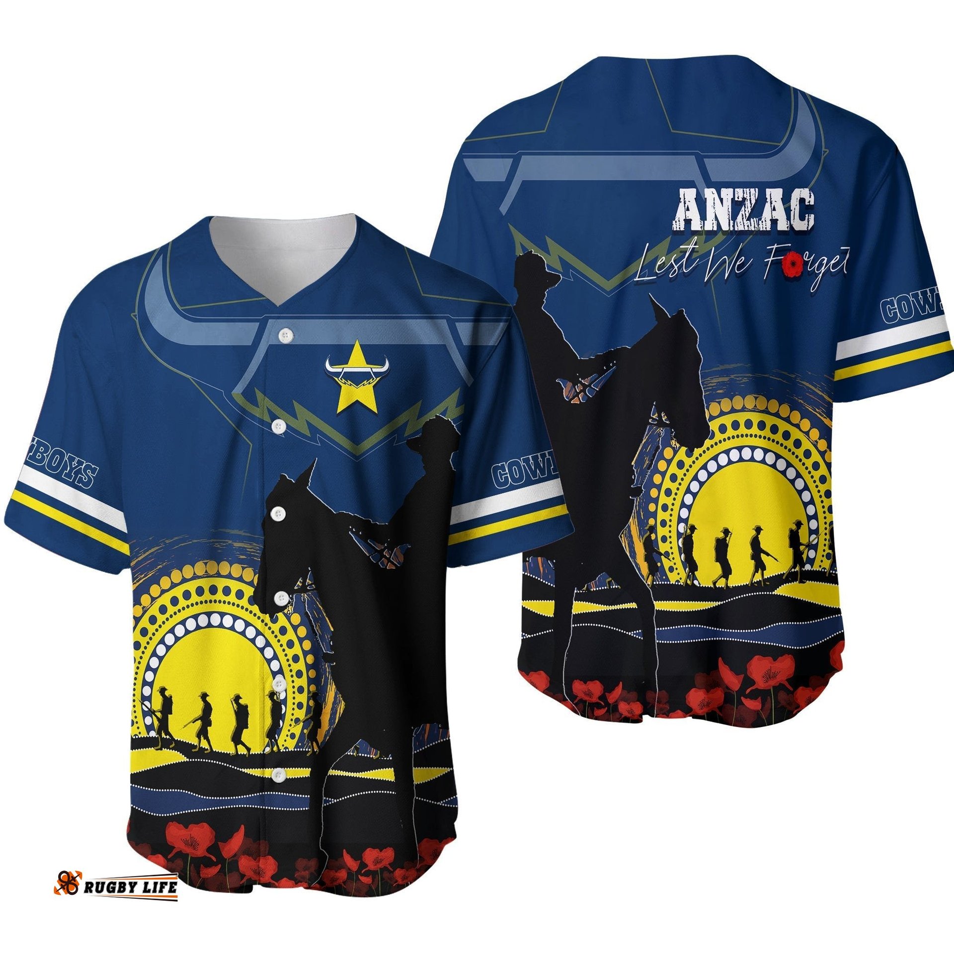 Cowboys Rugby Baseball Jersey Shirt Anzac Day We Will Remember Them