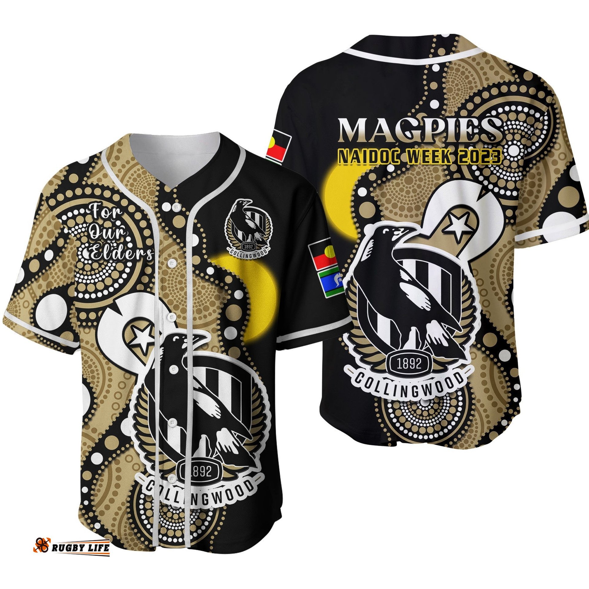 Collingwood Football NAIDOC Baseball Jersey Shirt Magpies For Our Elders Indigenous Art Ver.02