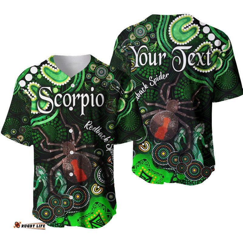 Custom Personalised Australian Astrology Baseball Jersey Shirt Scorpio Redback Spider Zodiac Aboriginal Vibes Green