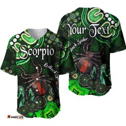 Custom Personalised Australian Astrology Baseball Jersey Shirt Scorpio Redback Spider Zodiac Aboriginal Vibes Green
