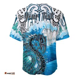 Custom Personalised Manaia Maori Baseball Jersey Shirt Fern Aotearoa Blue Waves
