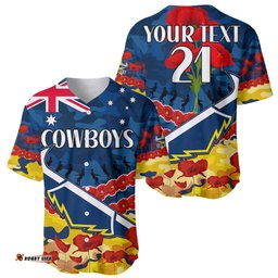 Custom Text And Number Cowboys Rugby ANZAC Baseball Jersey Shirt Lest We Forget