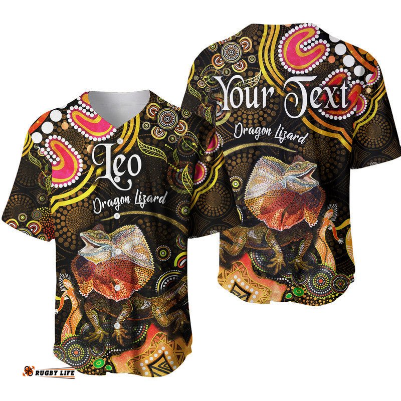 Custom Personalised Australian Astrology Baseball Jersey Shirt Leo Dragon Lizard Zodiac Aboriginal Vibes Gold