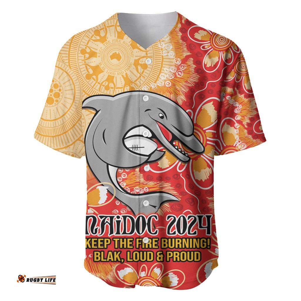 Personalised Dolphins NAIDOC Week 2024 Baseball Jersey Shirt Aboriginal Fire Burning Sparks