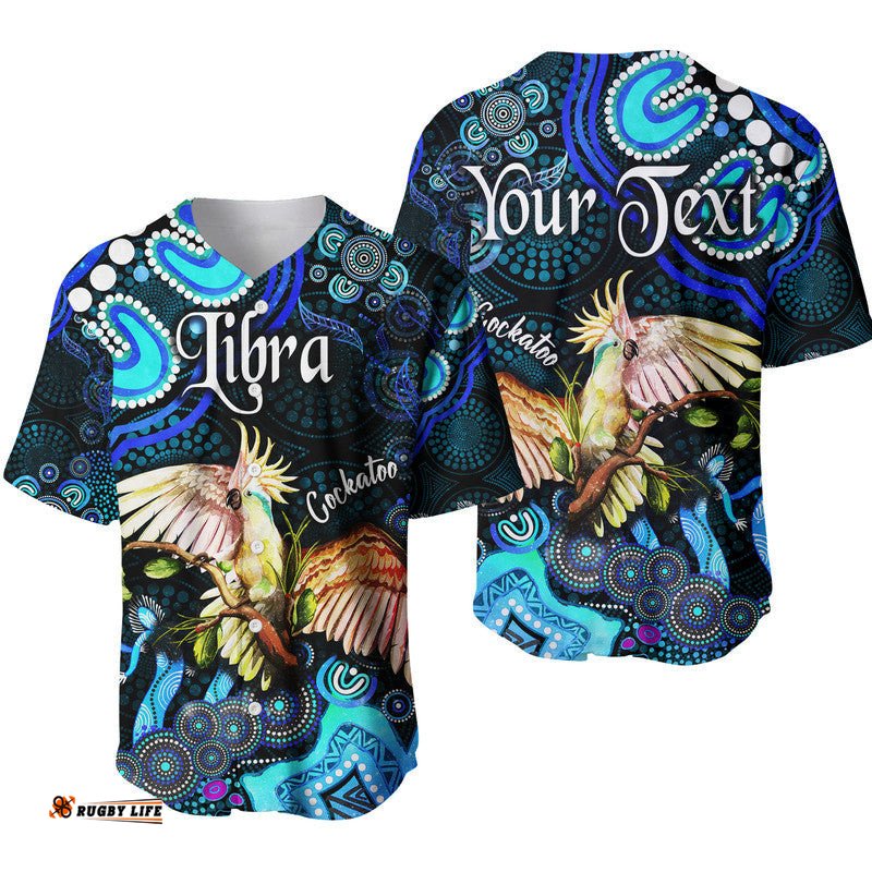 Custom Personalised Australian Astrology Baseball Jersey Shirt Libra Cockatoo Glider Zodiac Aboriginal Vibes Blue