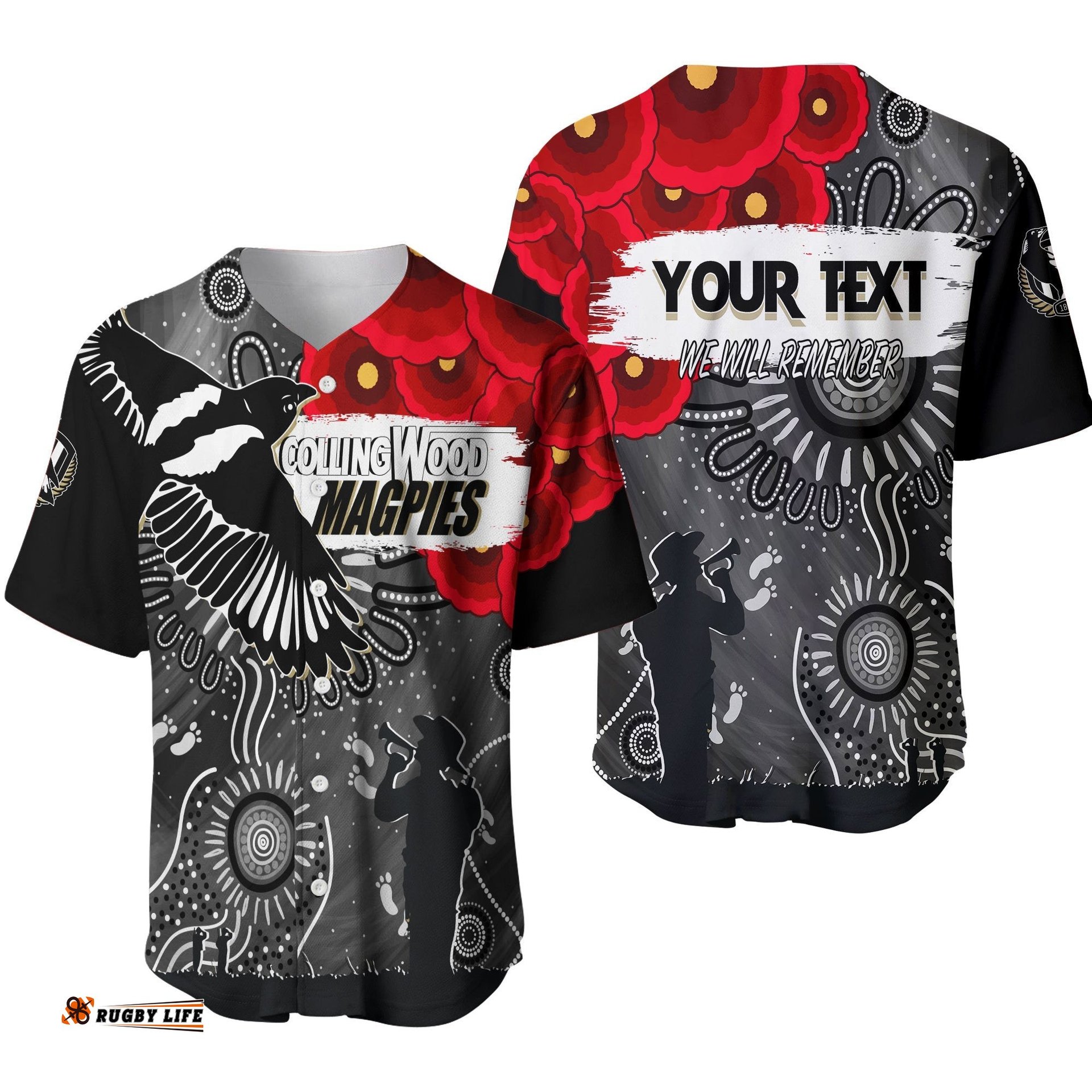 Custom Personalised Collingwood Magpies Indigenous Anzac Day Baseball Jersey Shirt We Will Remember
