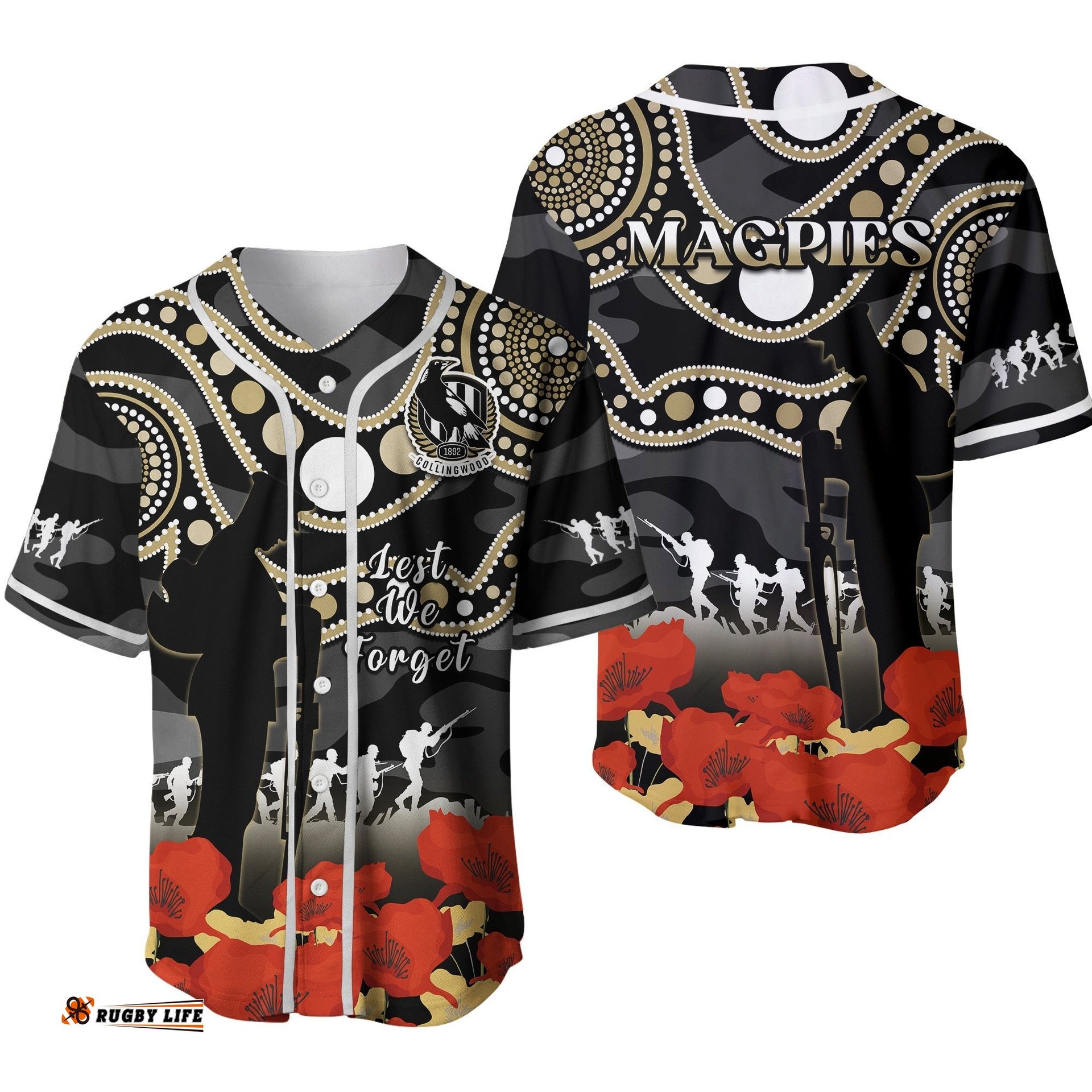 Collingwood Football ANZAC Baseball Jersey Shirt Aboriginal Mix Poppy Camouflage Ver.02