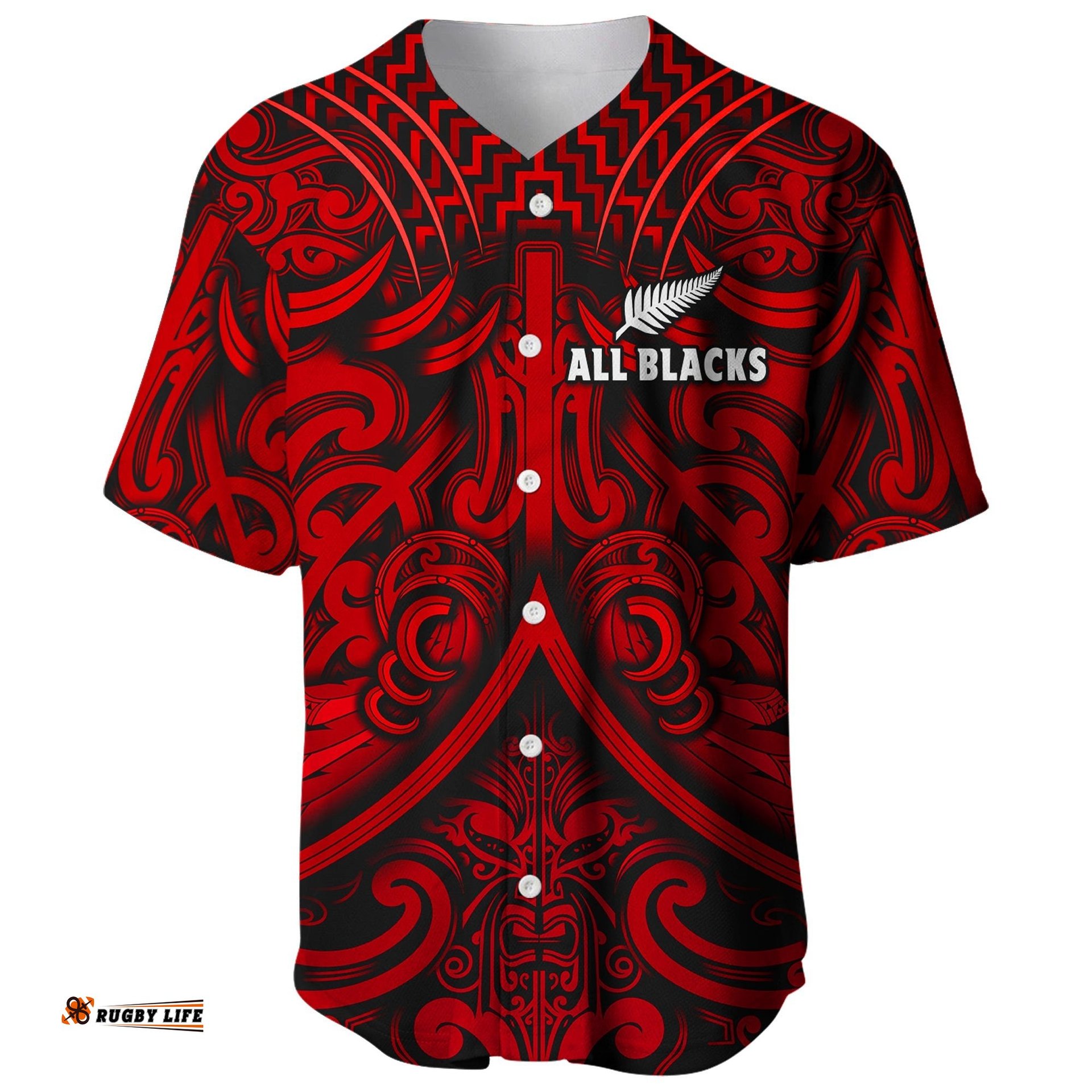 New Zealand Silver Fern Rugby Baseball Jersey Shirt All Black Red NZ Maori Pattern