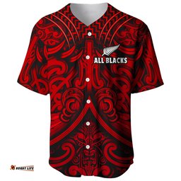 New Zealand Silver Fern Rugby Baseball Jersey Shirt All Black Red NZ Maori Pattern