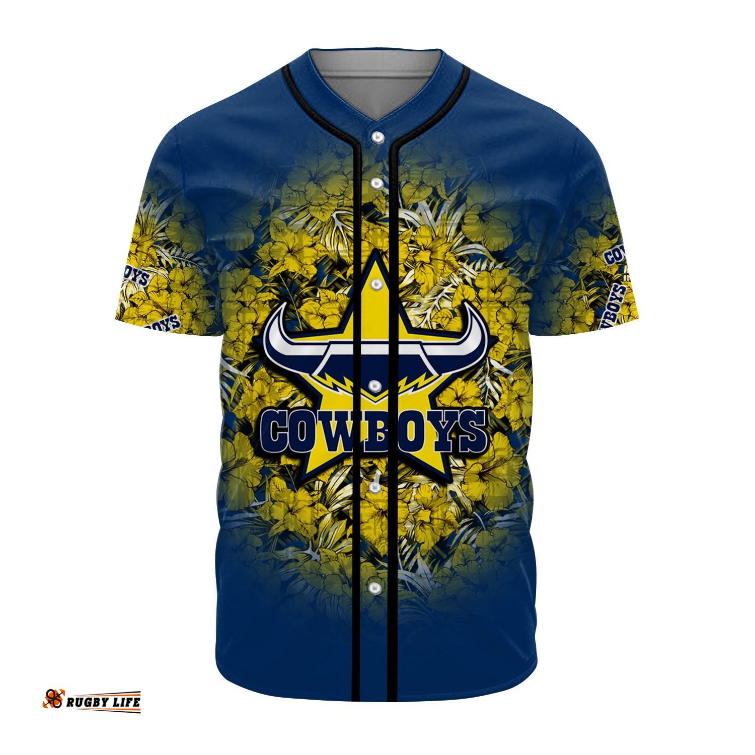 North Queensland Cowboys Baseball Jersey Shirt Polynesian Hibiscus Tropical Vintage NRL