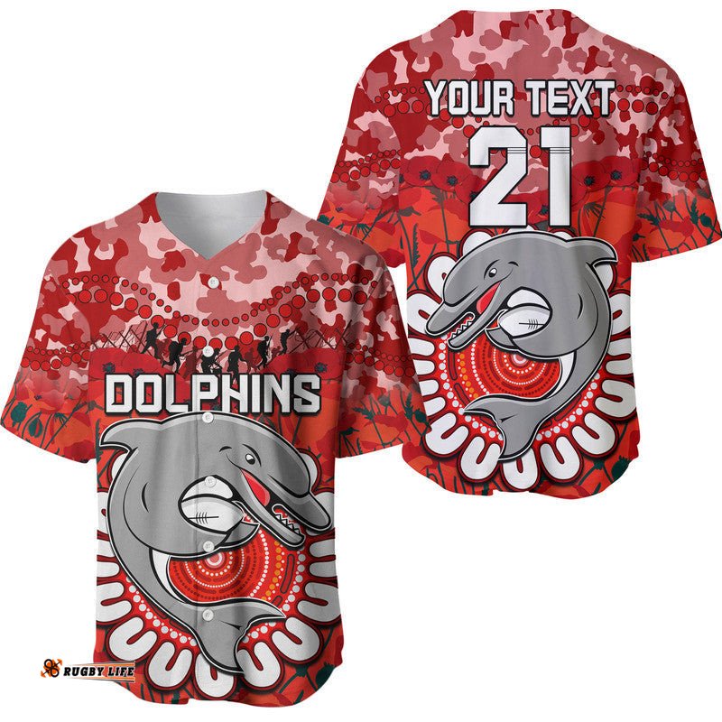 Custom Personalised Dolphins Rugby ANZAC Baseball Jersey Shirt Camouflage Poppy