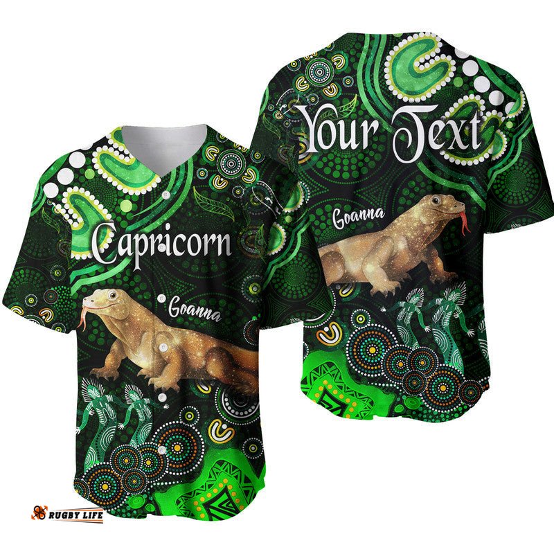 Custom Personalised Australian Astrology Baseball Jersey Shirt Capricorn Goanna Zodiac Aboriginal Vibes Green