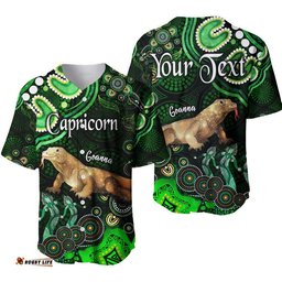 Custom Personalised Australian Astrology Baseball Jersey Shirt Capricorn Goanna Zodiac Aboriginal Vibes Green