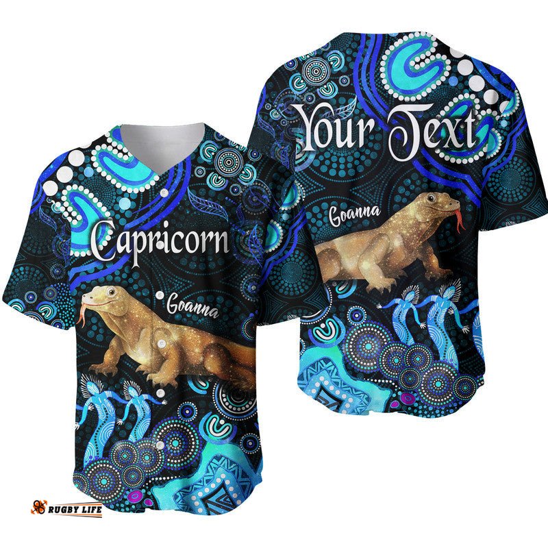 Custom Personalised Australian Astrology Baseball Jersey Shirt Capricorn Goanna Zodiac Aboriginal Vibes Blue