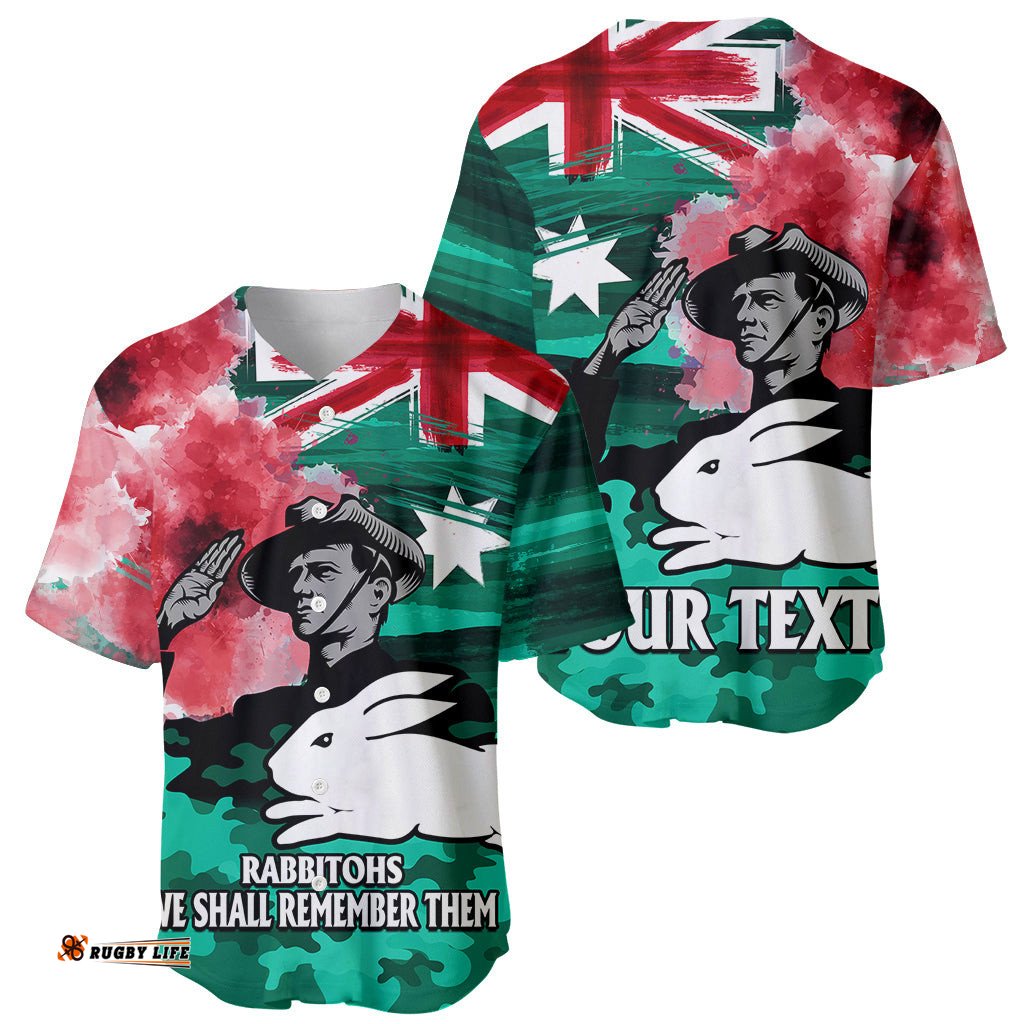 Custom Personalised ANZAC Rabbitohs Rugby Baseball Jersey Shirt We Shall Remember 08