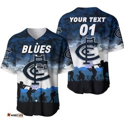 Custom Personalised Carlton Blues ANZAC Baseball Jersey Shirt Simple Style