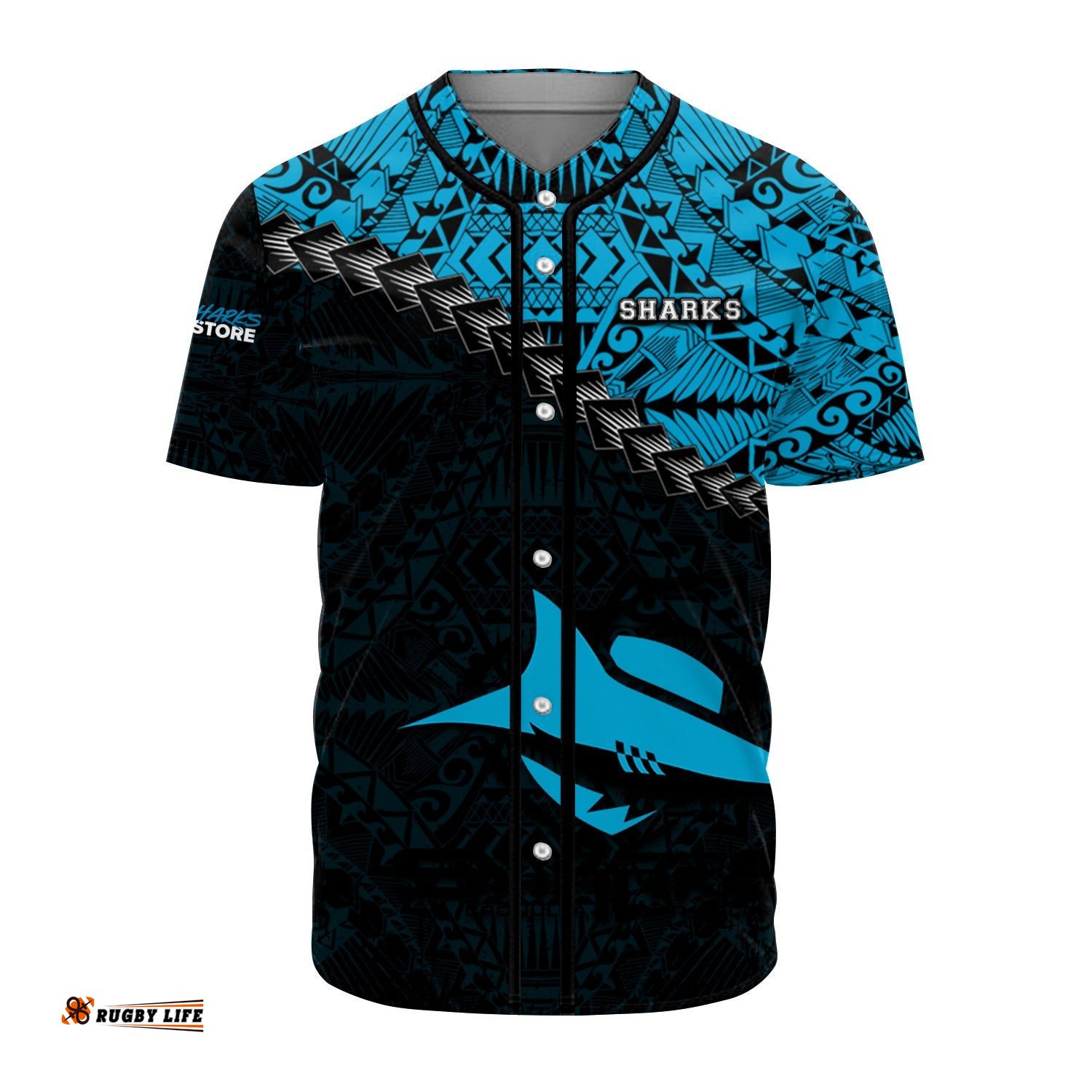 Cronulla Sutherland Sharks Baseball Jersey Shirt Grunge Polynesian Tattoo NRL