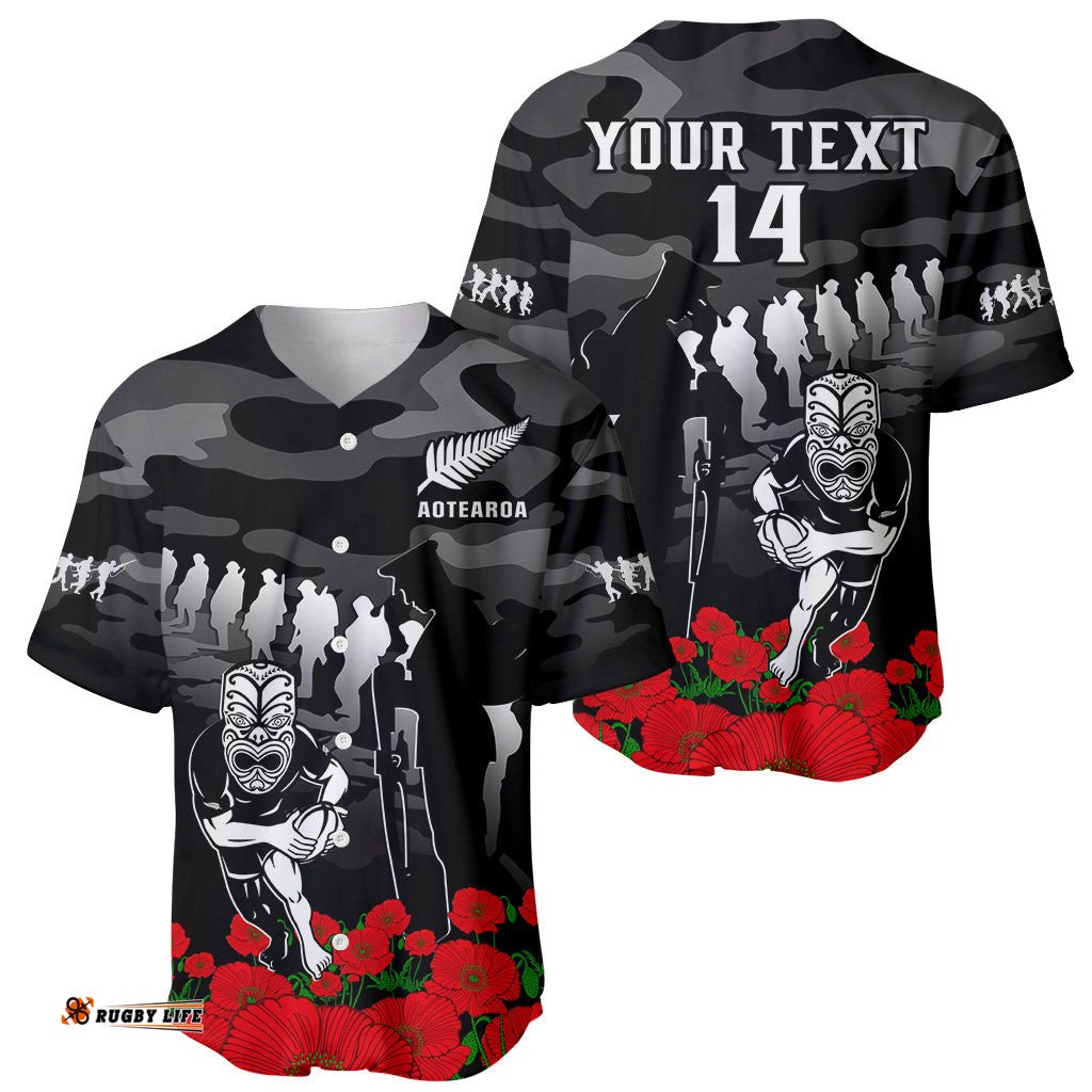 Custom Text And Number New Zealand ANZAC Rugby Baseball Jersey Shirt Silver Fern All Black Camouflage Mix Poppy