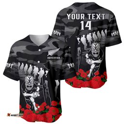 Custom Text And Number New Zealand ANZAC Rugby Baseball Jersey Shirt Silver Fern All Black Camouflage Mix Poppy