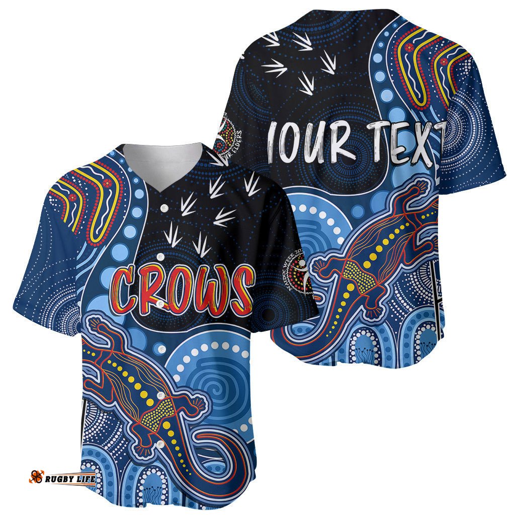 Personalised NAIDOC Week AFL Crows Baseball Jersey Shirt Aboriginal Dot Art Lizard Mix Boomerang