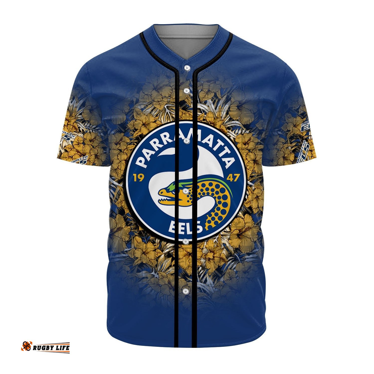 Parramatta Eels Baseball Jersey Shirt Polynesian Hibiscus Tropical Vintage NRL