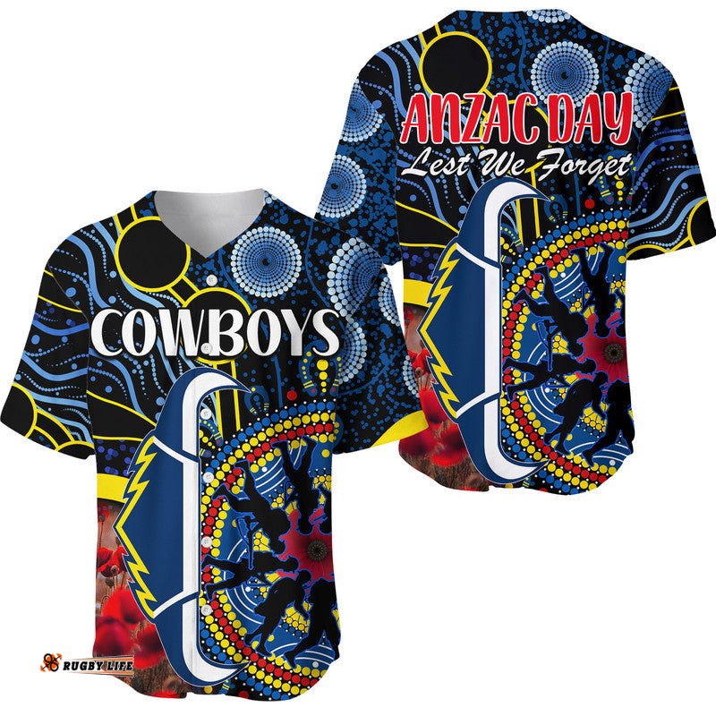 Cowboys Rugby ANZAC Baseball Jersey Shirt Aboriginal Military and Poppy Flowers