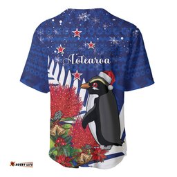 New Zealand Christmas In July Baseball Jersey Shirt Fiordland Penguin With Pohutukawa Flower