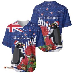 New Zealand Christmas In July Baseball Jersey Shirt Fiordland Penguin With Pohutukawa Flower