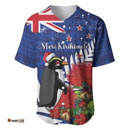 New Zealand Christmas In July Baseball Jersey Shirt Fiordland Penguin With Pohutukawa Flower