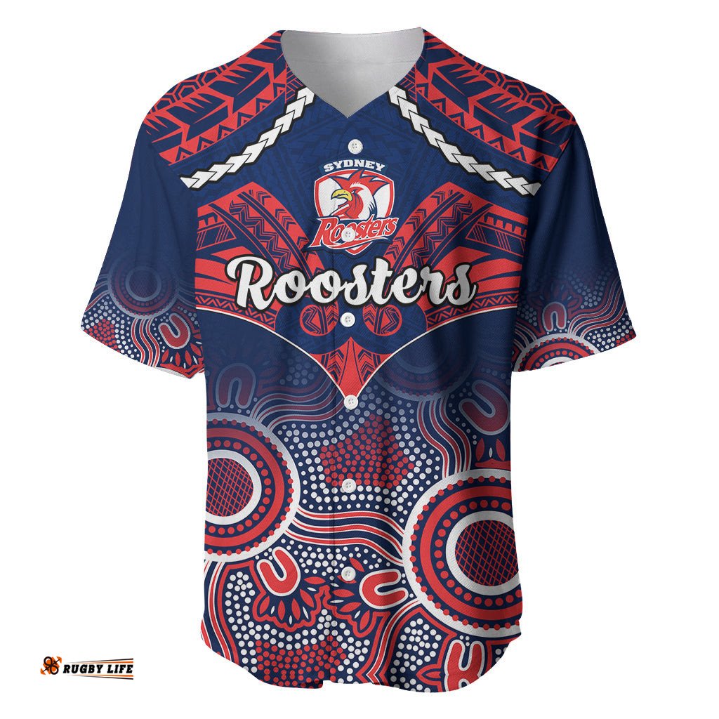 Roosters Rugby Baseball Jersey Shirt Tricolours 1908 Aboriginal Mix Polynesian Pattern