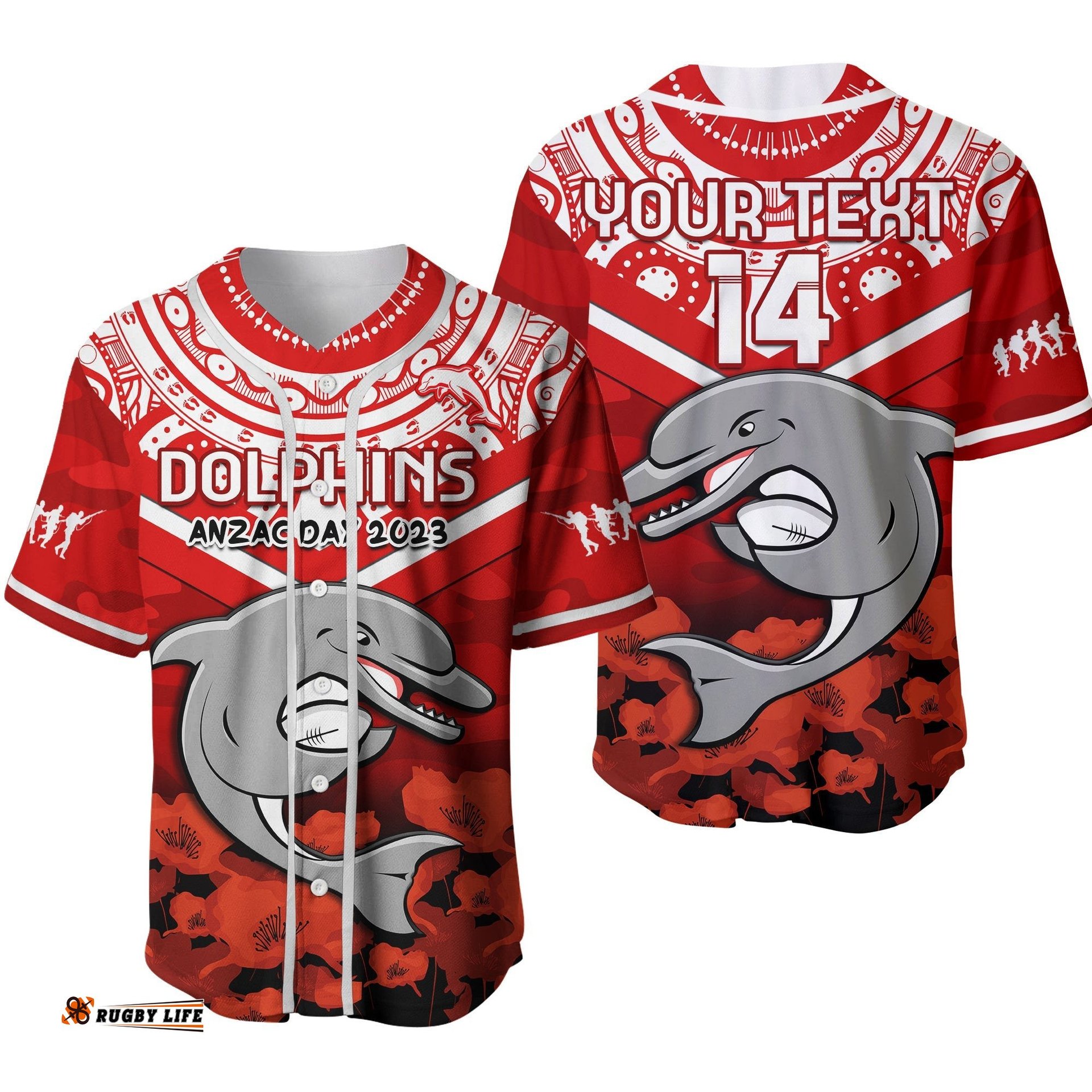 Custom Text And Number Dolphins Rugby ANZAC Baseball Baseball Jersey Shirt Dots Poppy Mix Camouflage Lest We Forget Ver.02