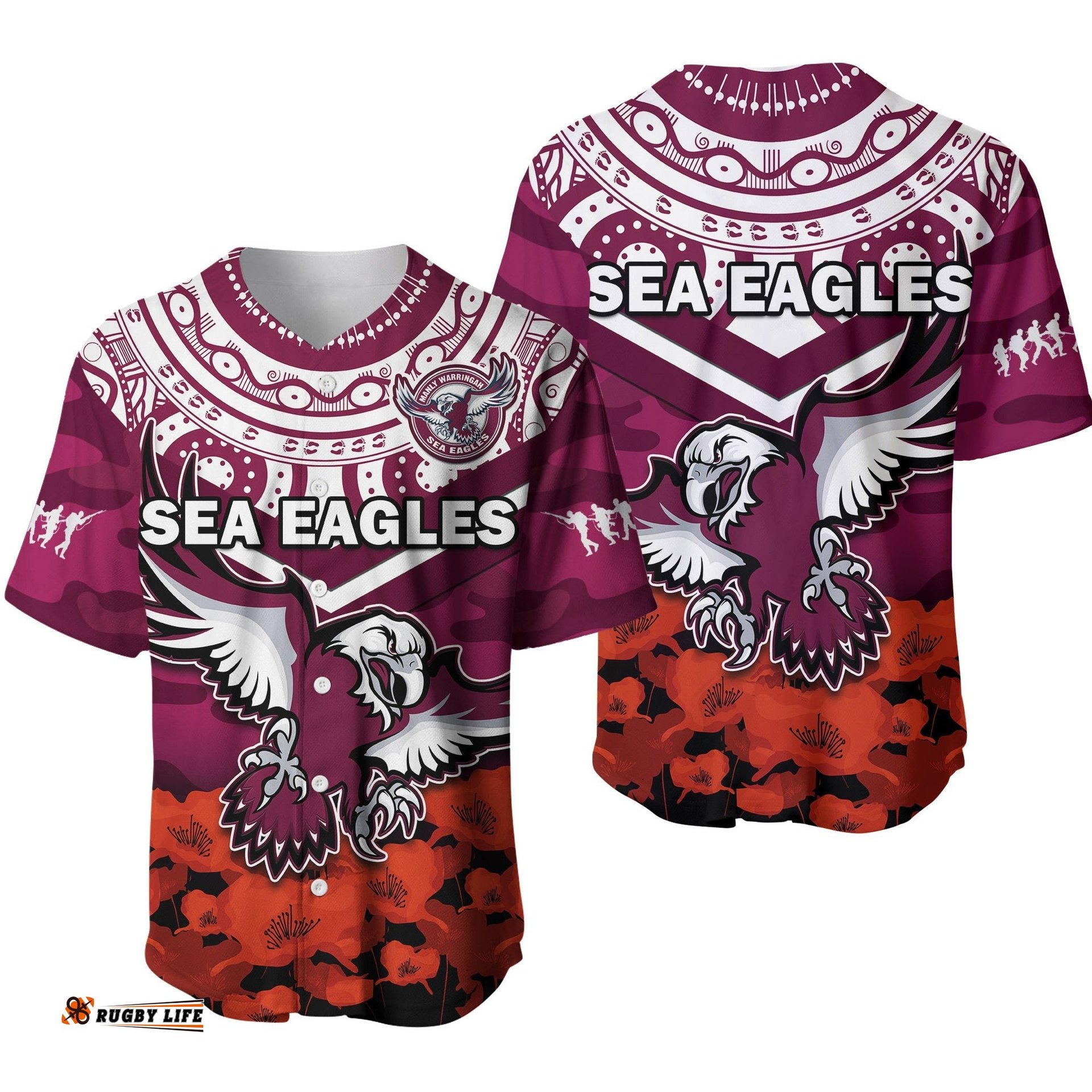 Sea Eagles Rugby ANZAC Rugby Baseball Jersey Shirt Camouflage Mix Indigenous Ver.01