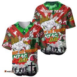 Personalised Rabbitohs ANZAC Day Baseball Jersey Shirt Aboriginal Rising Sun